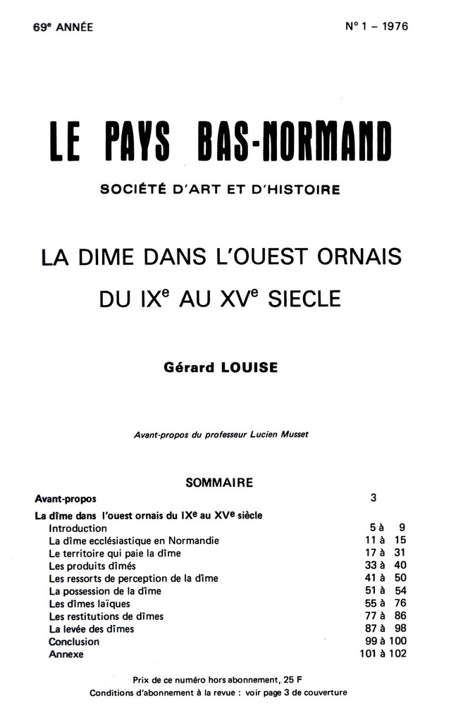 N°141 : La dîme dans l’Ouest ornais du IXe au XVe siècle par G. LOUISE
