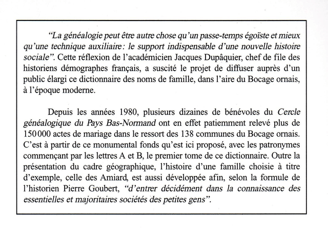 N°261-262 : Dictionnaire des noms de famille du “pays du Bocage ornais” à l’époque moderne (premier tome : A-B) par G. PESCHET, P. DUVAL et all.